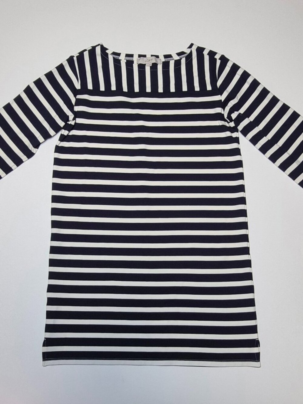 Loft Striped Ponte Mini Dress S Navy Blue White 3/4 Sleeve Boat Neck Shift
